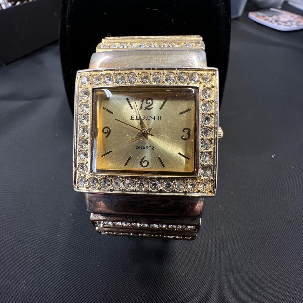 Vintage Style‎ Elgin II Gold Tone Rhinestone Bangle Watch Y2K Bling Glam Retro
